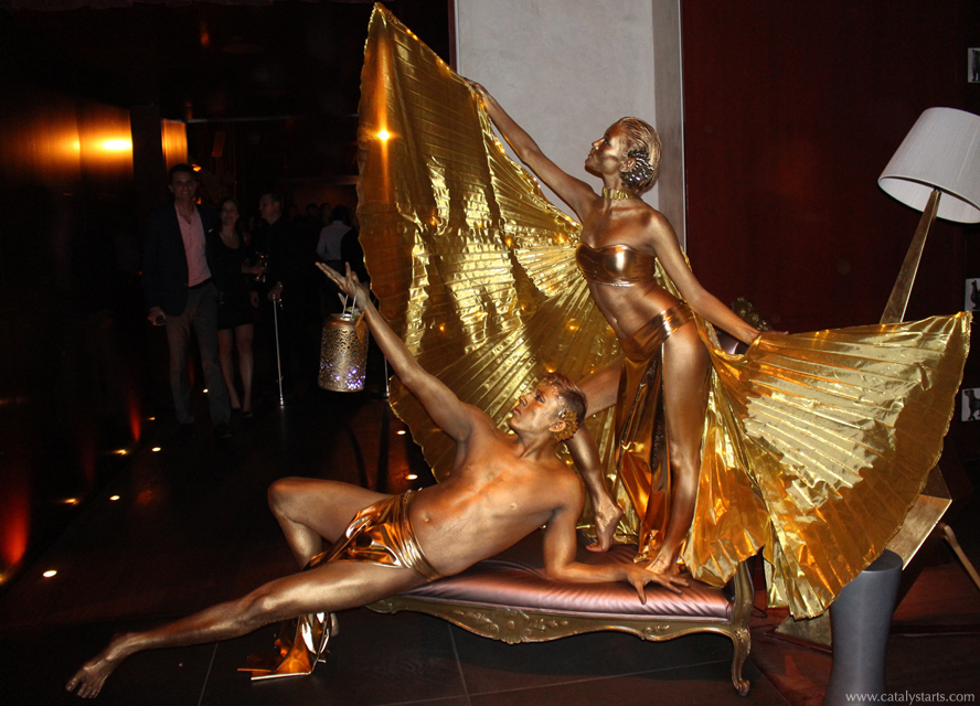 Gold Party in SF- Golden statue body painted dancers & face paint zone by www.catalystarts.com for Donovan & Gold Rush Rally- body painter Audette Sophia