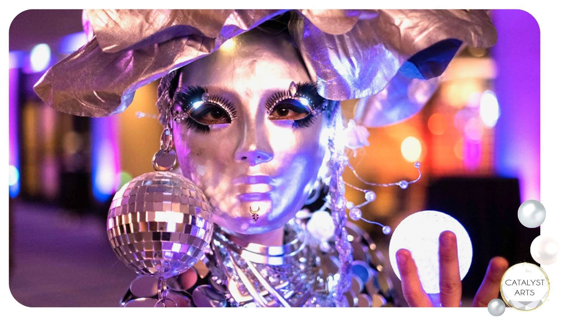 Futuristic Disco Mirror Mask Dancer by Catalyst Arts Elevated Entertainment in California 
