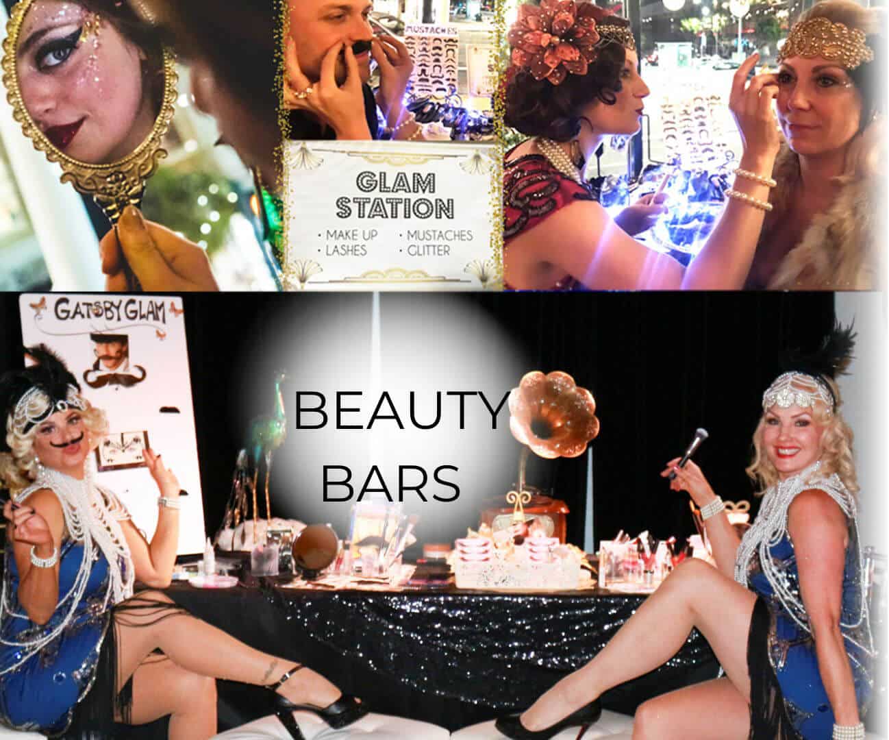 Gatsby Glam Station- themed beauty bars for events in California by Catalyst Arts