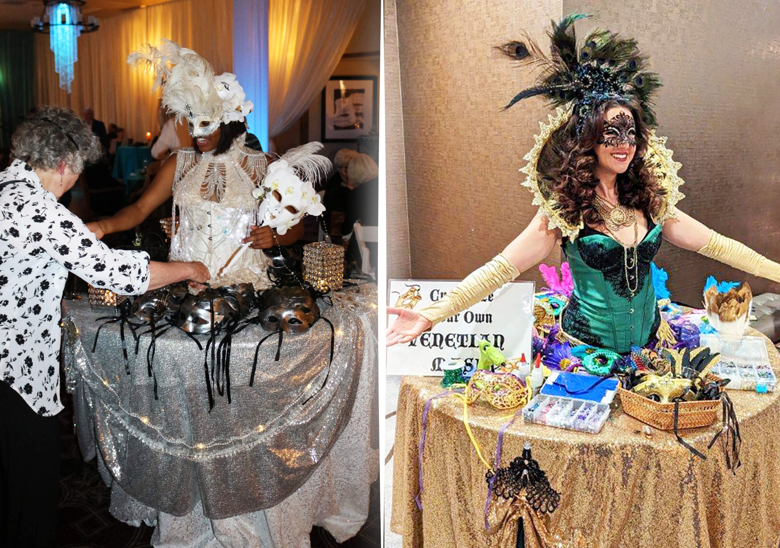 Masquerade Living Tables & strolling masquerade table concepts by Catalyst Arts Entertainment