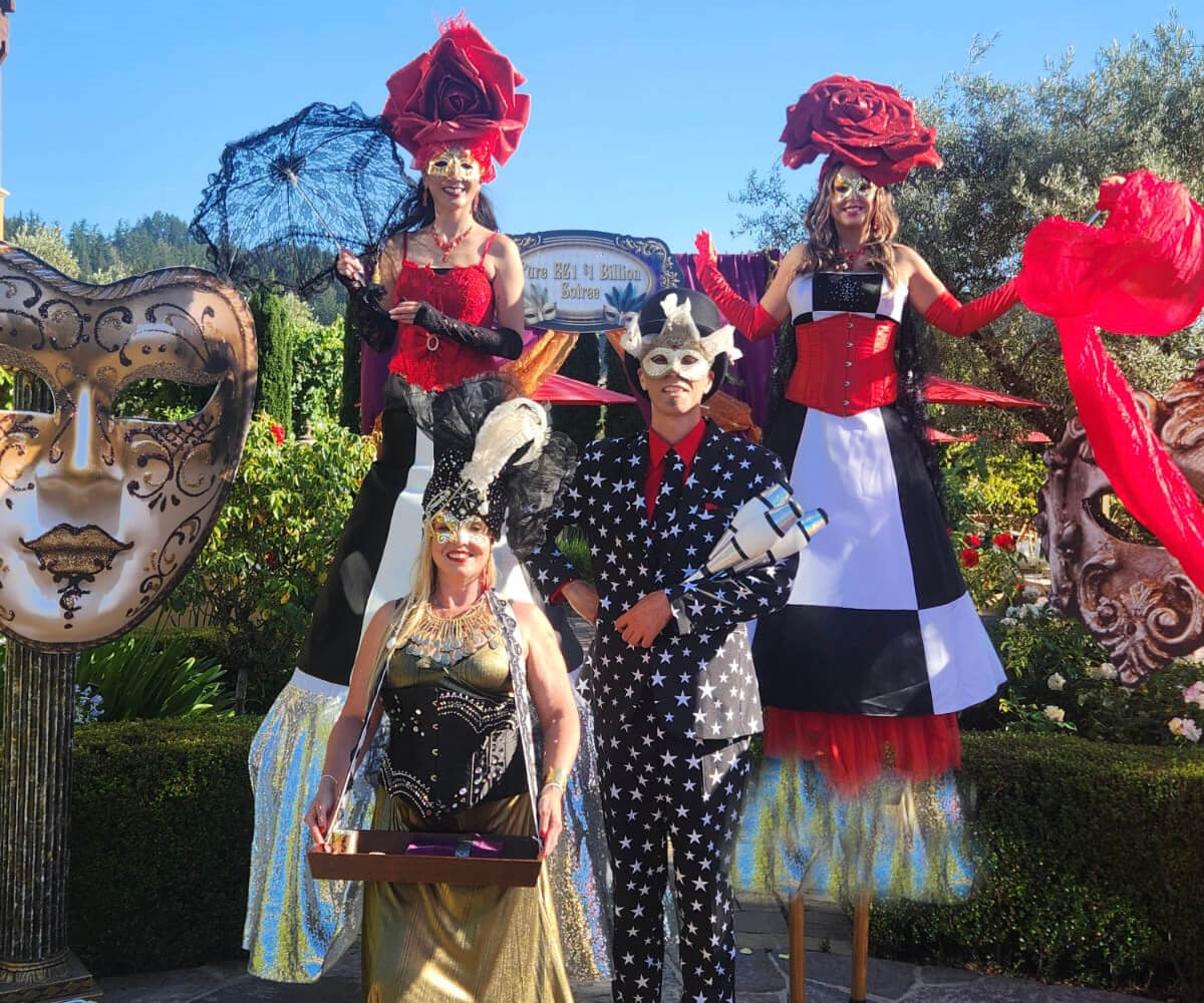 Masquerade Ball Entertainment by Catalyst Arts- stilt walker, juggler & tarot reader at Bay Area event