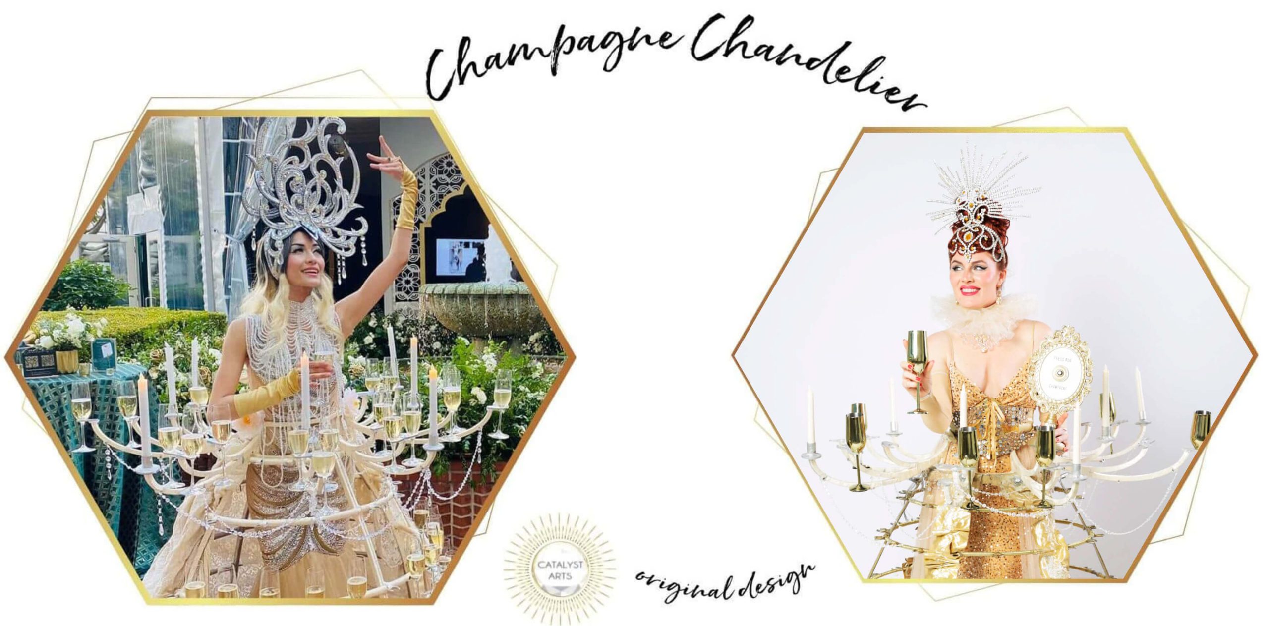 champagne chandelier unique champagne skirt booking in San Francisco bay area by Catalyst Arts 