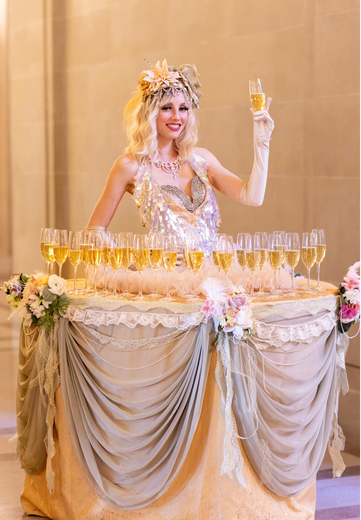 Golden Floral Champagne Living Table Lady