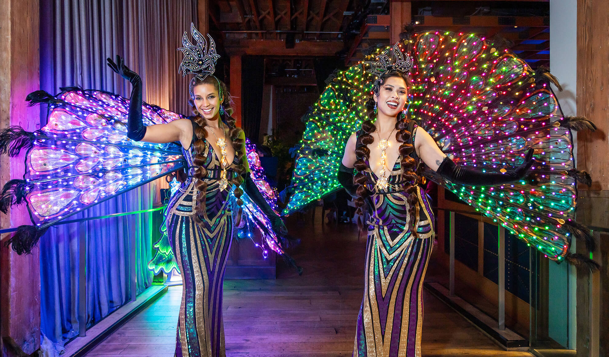 Elegant Extravagant Corporate friendly Showgirls by Catalyst Arts + LED Peacock