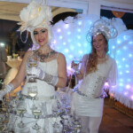 Two White Party Performers- Champagne Skirt & Led Feather Fan dancer
